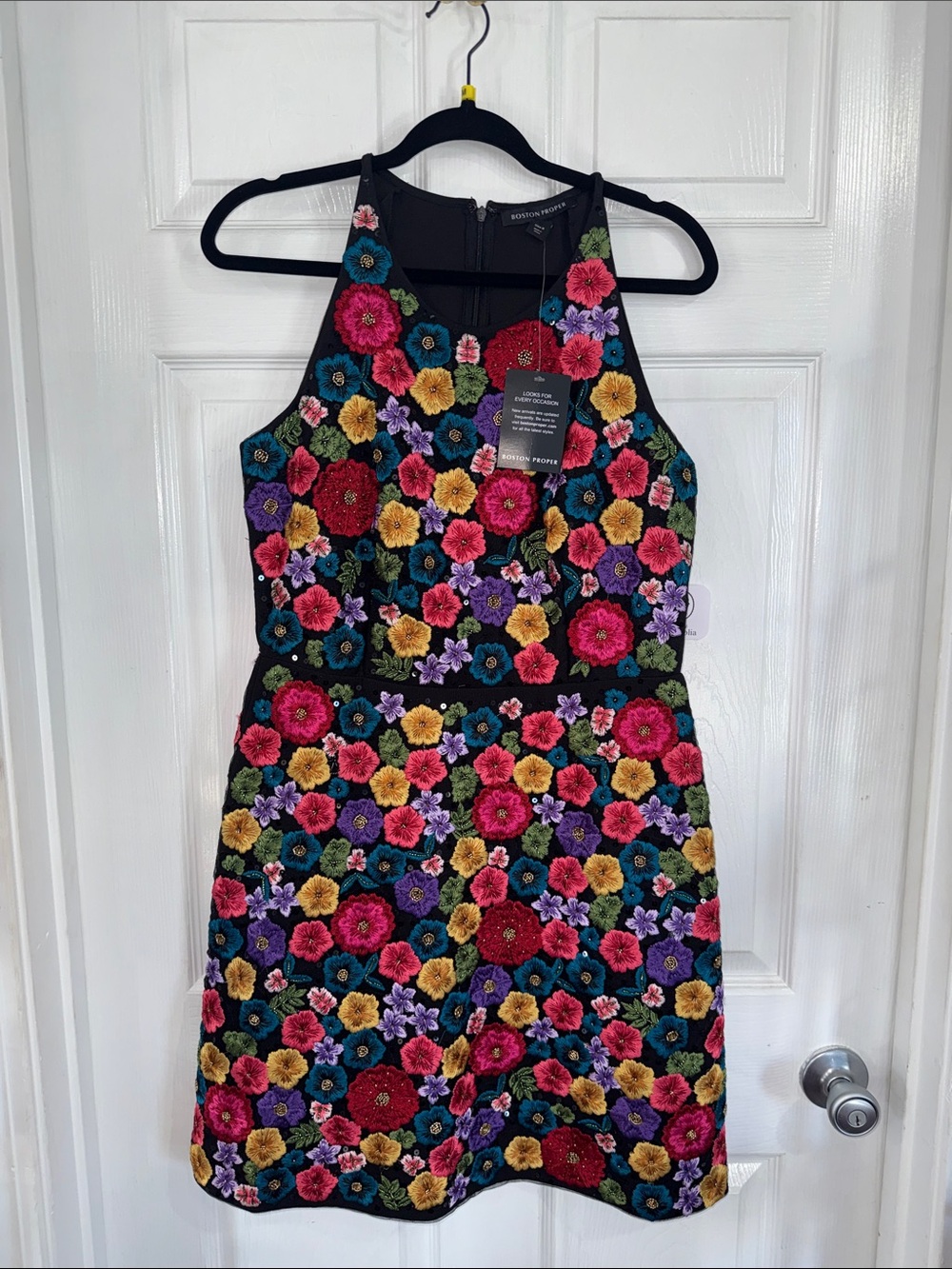 Boston Proper Black Floral Embroidered Halter Dress